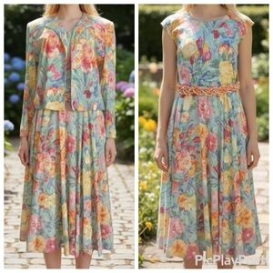 Vintage Early 80s Caron Chicago Watercolor Floral Print Dress Set SZ 12